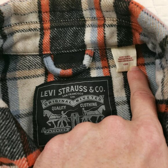 Levis 45% Wool Blend Shirt Jacket Mens Size Large Plaid Orange Blue Snap Button - Picture 5 of 7